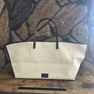 NWOT STAUD Christos Large Canvas w/ Leather Oversized Tote Bag, Cream and Brown